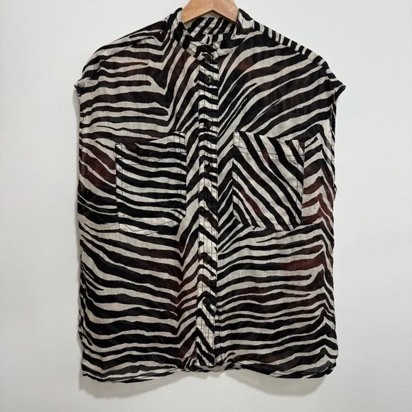 Banana Republic Ramie Utility Shirt Women Medium Tall Safari Zebra Print - Picture 2 of 13